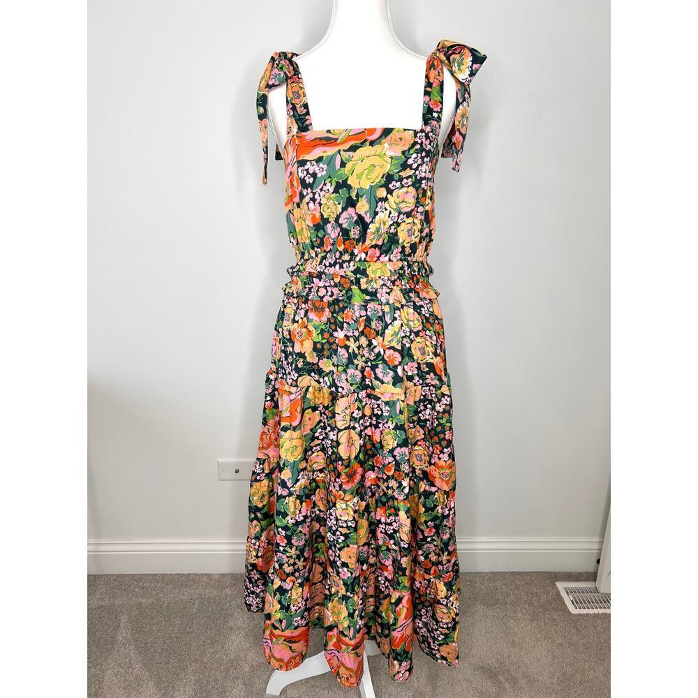 THML Floral Tiered Maxi Dress Sz S Square Neck Tie Straps Beachy Garden Cottage